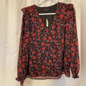 NWT Black and Red Floral Ruffle Sleeve V Neck Blouse